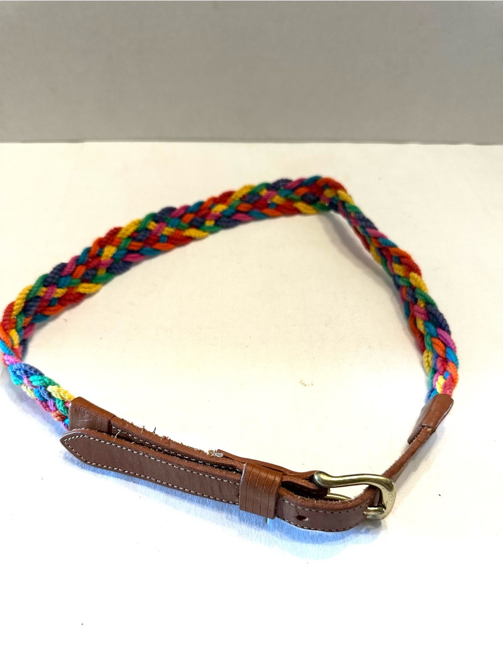 Rainbow Braided Belt with Brown Leather Trim Brass Buckle